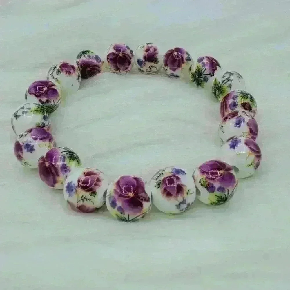 Chinese-Style Ceramic Purple Floral Beads Stretch Bracelet - Picture 5 of 6